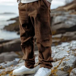Online OUKU Men's Corduroy Pants Trousers Casual Pants Drawstring Elastic Waist Straight Leg Plain Comfort Warm Full Length Outdoor Casual Daily Sports Fashion Black Coffee