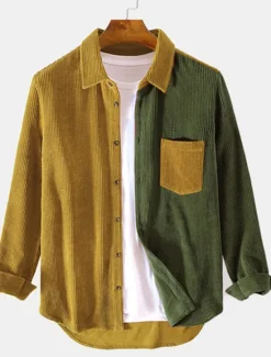 New OUKU Men's Corduroy Shirt Button Up Shirt Overshirt Color Block Outdoor Daily Blue Brown Green Long Sleeve Lapel Spring & Fall Clothing Apparel Pocket