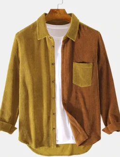 New OUKU Men's Corduroy Shirt Button Up Shirt Overshirt Color Block Outdoor Daily Blue Brown Green Long Sleeve Lapel Spring & Fall Clothing Apparel Pocket