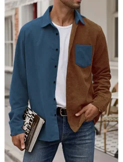 New OUKU Men's Corduroy Shirt Button Up Shirt Overshirt Color Block Outdoor Daily Blue Brown Green Long Sleeve Lapel Spring & Fall Clothing Apparel Pocket