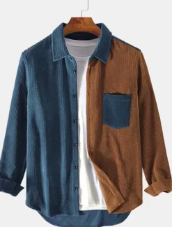 New OUKU Men's Corduroy Shirt Button Up Shirt Overshirt Color Block Outdoor Daily Blue Brown Green Long Sleeve Lapel Spring & Fall Clothing Apparel Pocket