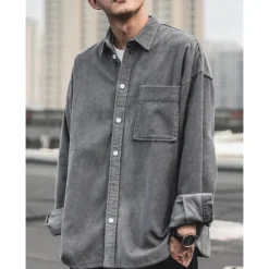 Sale OUKU Men's Corduroy Shirt Shirt Jacket Overshirt Plain Outdoor Daily Black Coffee Gray Long Sleeve Lapel Spring & Fall Clothing Apparel Pocket