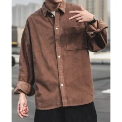 Sale OUKU Men's Corduroy Shirt Shirt Jacket Overshirt Plain Outdoor Daily Black Coffee Gray Long Sleeve Lapel Spring & Fall Clothing Apparel Pocket