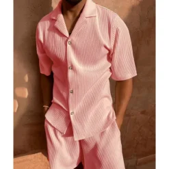 OUKU Men's Corduroy Shirt T-shirt Suits 2 Pieces Outfits Tee & Shorts Short Sleeve Lapel Summer Plain Fashion Casual 2 Piece Vacation Daily Wear Going out Black Pink Blue Top Tee for Men