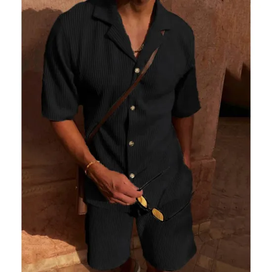 OUKU Men's Corduroy Shirt T-shirt Suits 2 Pieces Outfits Tee & Shorts Short Sleeve Lapel Summer Plain Fashion Casual 2 Piece Vacation Daily Wear Going out Black Pink Blue Top Tee for Men