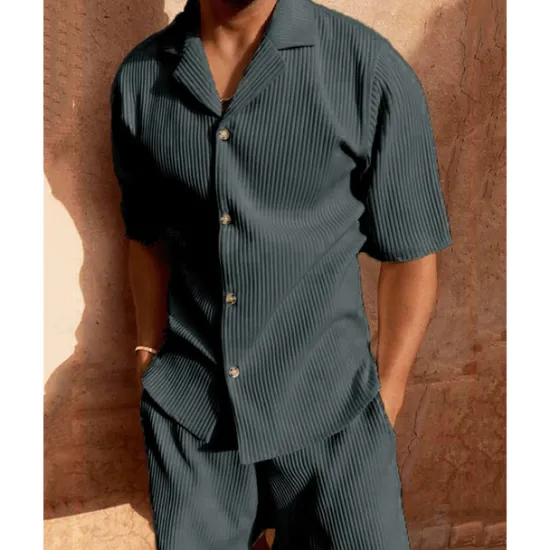 OUKU Men's Corduroy Shirt T-shirt Suits 2 Pieces Outfits Tee & Shorts Short Sleeve Lapel Summer Plain Fashion Casual 2 Piece Vacation Daily Wear Going out Black Pink Blue Top Tee for Men