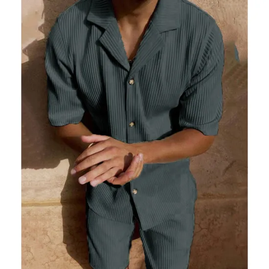 OUKU Men's Corduroy Shirt T-shirt Suits 2 Pieces Outfits Tee & Shorts Short Sleeve Lapel Summer Plain Fashion Casual 2 Piece Vacation Daily Wear Going out Black Pink Blue Top Tee for Men
