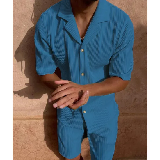 OUKU Men's Corduroy Shirt T-shirt Suits 2 Pieces Outfits Tee & Shorts Short Sleeve Lapel Summer Plain Fashion Casual 2 Piece Vacation Daily Wear Going out Black Pink Blue Top Tee for Men