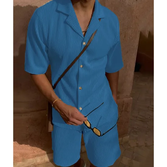 OUKU Men's Corduroy Shirt T-shirt Suits 2 Pieces Outfits Tee & Shorts Short Sleeve Lapel Summer Plain Fashion Casual 2 Piece Vacation Daily Wear Going out Black Pink Blue Top Tee for Men