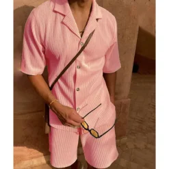 OUKU Men's Corduroy Shirt T-shirt Suits 2 Pieces Outfits Tee & Shorts Short Sleeve Lapel Summer Plain Fashion Casual 2 Piece Vacation Daily Wear Going out Black Pink Blue Top Tee for Men