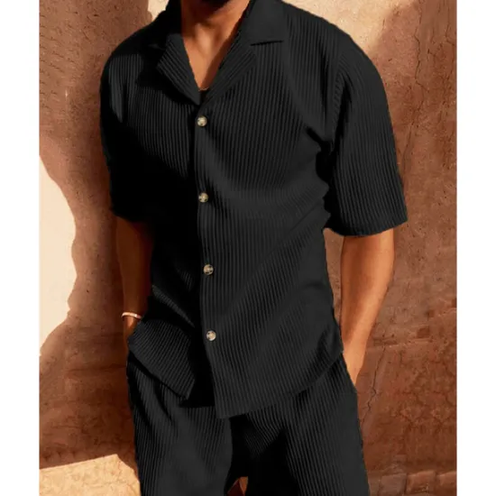OUKU Men's Corduroy Shirt T-shirt Suits 2 Pieces Outfits Tee & Shorts Short Sleeve Lapel Summer Plain Fashion Casual 2 Piece Vacation Daily Wear Going out Black Pink Blue Top Tee for Men
