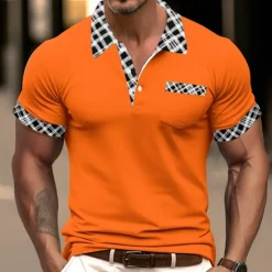 OUKU Men's Cotton Blend Polo Shirt Golf Shirt Casual Holiday Lapel Short Sleeve Fashion Basic Houndstooth Plaid / Check Patchwork Pocket Summer Regular Fit Dark Grey White Sky Blue Orange Khaki Cotton