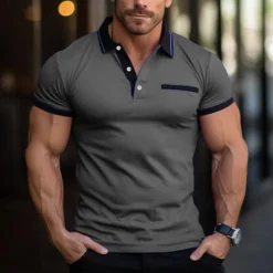 Clearance OUKU Men's Cotton Blend Polo Shirt Golf Shirt Casual Holiday Lapel Short Sleeve Fashion Basic Color Block Patchwork Pocket Summer Regular Fit Dark Grey Purple Cotton Blend Polo Shirt