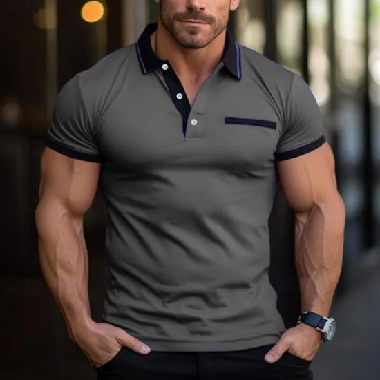 Clearance OUKU Men's Cotton Blend Polo Shirt Golf Shirt Casual Holiday Lapel Short Sleeve Fashion Basic Color Block Patchwork Pocket Summer Regular Fit Dark Grey Purple Cotton Blend Polo Shirt