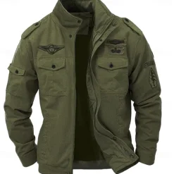 Online OUKU Men's Cotton Embroidered Military Jacket Cargo Jacket with Shoulder Straps Long Sleeve Standing Collar Multi-Pockets Coat Trucker Jacket Tactical Outerwear