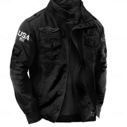 Hot OUKU Men's Cotton Embroidered Military Jacket Windbreaker with Shoulder Straps Long Sleeve Standing Collar Multi-Pockets Trucker Jacket USA Flag Print Tactical Outerwear