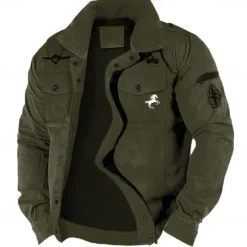 Clearance OUKU Men's Cotton Embroidered Military Jacket Cargo Jacket with Shoulder Straps Long Sleeve Standing Collar Multi-Pockets Coat Trucker Jacket Animal Horse Print Tactical Outerwear