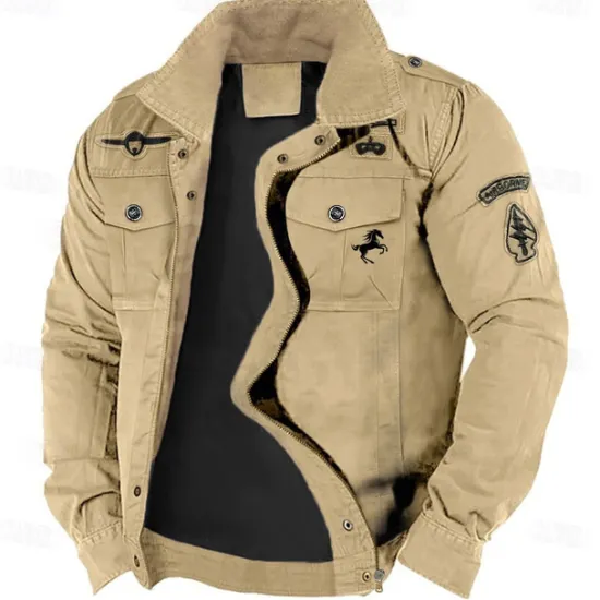 Clearance OUKU Men's Cotton Embroidered Military Jacket Cargo Jacket with Shoulder Straps Long Sleeve Standing Collar Multi-Pockets Coat Trucker Jacket Animal Horse Print Tactical Outerwear
