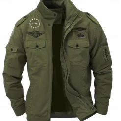 New OUKU Men's Cotton Embroidered Military Jacket Cargo Jacket with Shoulder Straps Long Sleeve Standing Collar Multi-Pockets Coat Trucker Jacket 1776 Letter Print Tactical Outerwear