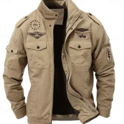 New OUKU Men's Cotton Embroidered Military Jacket Cargo Jacket with Shoulder Straps Long Sleeve Standing Collar Multi-Pockets Coat Trucker Jacket 1776 Letter Print Tactical Outerwear