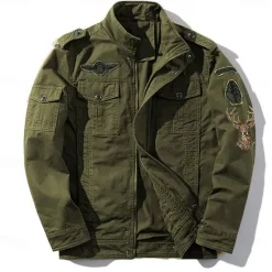 Outlet OUKU Men's Cotton Embroidered Military Jacket Cargo Jacket with Shoulder Straps Long Sleeve Standing Collar Multi-Pockets Coat Trucker Jacket Christmas Reindeer Print Tactical Outerwear
