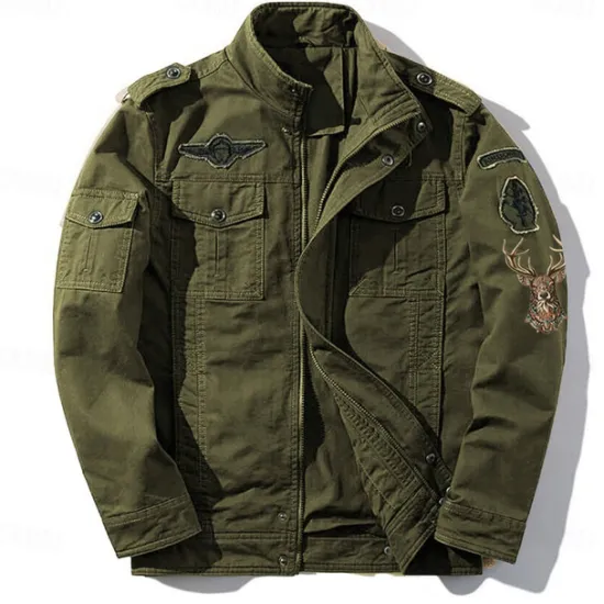 Outlet OUKU Men's Cotton Embroidered Military Jacket Cargo Jacket with Shoulder Straps Long Sleeve Standing Collar Multi-Pockets Coat Trucker Jacket Christmas Reindeer Print Tactical Outerwear