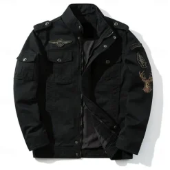Outlet OUKU Men's Cotton Embroidered Military Jacket Cargo Jacket with Shoulder Straps Long Sleeve Standing Collar Multi-Pockets Coat Trucker Jacket Christmas Reindeer Print Tactical Outerwear