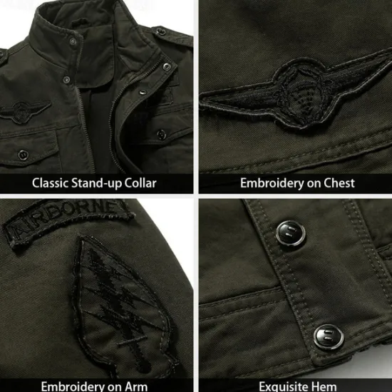 Outlet OUKU Men's Cotton Embroidered Military Jacket Cargo Jacket with Shoulder Straps Long Sleeve Standing Collar Multi-Pockets Coat Trucker Jacket Christmas Reindeer Print Tactical Outerwear