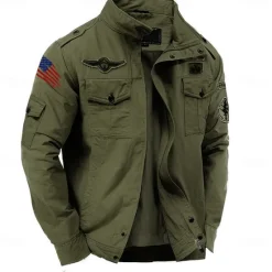 Clearance OUKU Men's Cotton Embroidered Military Jacket Windbreaker with Shoulder Straps Long Sleeve Standing Collar Multi-Pockets Trucker Jacket American US Flag Print Tactical Outerwear
