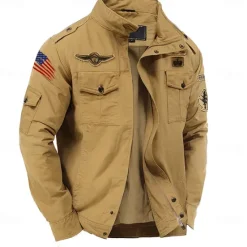 Clearance OUKU Men's Cotton Embroidered Military Jacket Windbreaker with Shoulder Straps Long Sleeve Standing Collar Multi-Pockets Trucker Jacket American US Flag Print Tactical Outerwear