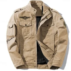 Outlet OUKU Men's Cotton Embroidered Military Jacket Cargo Jacket with Shoulder Straps Long Sleeve Standing Collar Multi-Pockets Coat Trucker Jacket Freedom Letter Print Tactical Outerwear