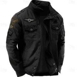 Hot OUKU Men's Cotton Embroidered Military Jacket Windbreaker with Shoulder Straps Long Sleeve Standing Collar Multi-Pockets Trucker Jacket Reindeer Print Tactical Outerwear