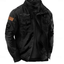 Online OUKU Men's Cotton Embroidered Military Jacket Windbreaker with Shoulder Straps Long Sleeve Standing Collar Multi-Pockets Trucker Jacket Mountain Print Tactical Outerwear