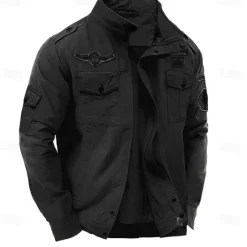 Outlet OUKU Men's Cotton Embroidered Military Jacket Cargo Jacket with Shoulder Straps Long Sleeve Standing Collar Multi-Pockets Coat Trucker Jacket Skull Letter Print Tactical Outerwear