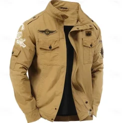 Outlet OUKU Men's Cotton Embroidered Military Jacket Windbreaker with Shoulder Straps Long Sleeve Standing Collar Multi-Pockets Trucker Jacket Crocodile Print Tactical Outerwear