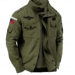 Discount OUKU Men's Cotton Embroidered Military Jacket Windbreaker with Shoulder Straps Long Sleeve Standing Collar Multi-Pockets Trucker Jacket US Flag Print Tactical Outerwear