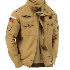 Discount OUKU Men's Cotton Embroidered Military Jacket Windbreaker with Shoulder Straps Long Sleeve Standing Collar Multi-Pockets Trucker Jacket US Flag Print Tactical Outerwear