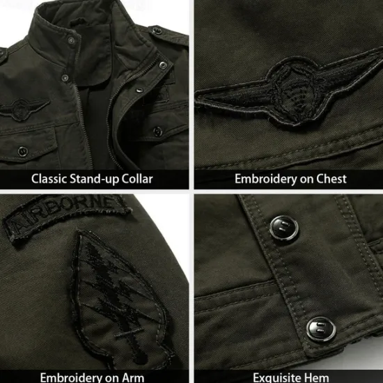 Discount OUKU Men's Cotton Embroidered Military Jacket Windbreaker with Shoulder Straps Long Sleeve Standing Collar Multi-Pockets Trucker Jacket US Flag Print Tactical Outerwear