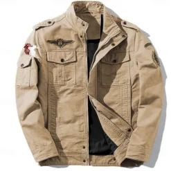 Sale OUKU Men's Cotton Embroidered Military Jacket Cargo Jacket with Shoulder Straps Long Sleeve Standing Collar Multi-Pockets Coat Trucker Jacket Christmas Reindeer Print Tactical Outerwear Tactical Outerwear