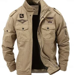 Sale OUKU Men's Cotton Embroidered Military Jacket Cargo Jacket with Shoulder Straps Long Sleeve Standing Collar Multi-Pockets Coat Trucker Jacket Reindeer Print Tactical Outerwear
