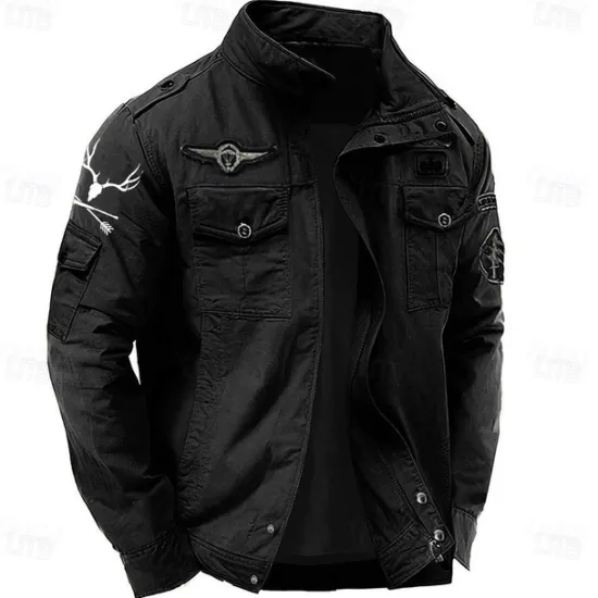 Hot OUKU Men's Cotton Embroidered Military Jacket Windbreaker with Shoulder Straps Long Sleeve Standing Collar Multi-Pockets Trucker Jacket US Flag Print Tactical Outerwear