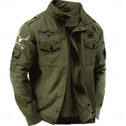 Hot OUKU Men's Cotton Embroidered Military Jacket Windbreaker with Shoulder Straps Long Sleeve Standing Collar Multi-Pockets Trucker Jacket US Flag Print Tactical Outerwear