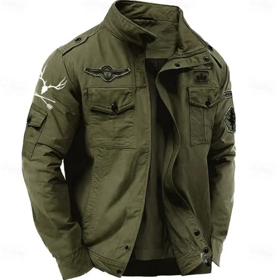 Hot OUKU Men's Cotton Embroidered Military Jacket Windbreaker with Shoulder Straps Long Sleeve Standing Collar Multi-Pockets Trucker Jacket US Flag Print Tactical Outerwear