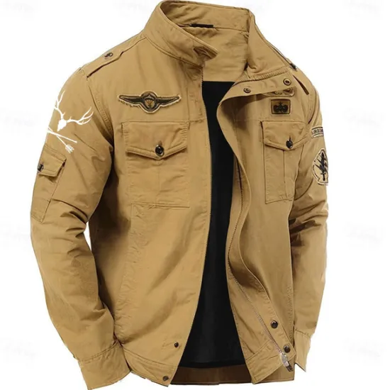Hot OUKU Men's Cotton Embroidered Military Jacket Windbreaker with Shoulder Straps Long Sleeve Standing Collar Multi-Pockets Trucker Jacket US Flag Print Tactical Outerwear