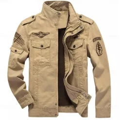 Outlet OUKU Men's Cotton Embroidered Military Jacket Cargo Jacket with Shoulder Straps Long Sleeve Standing Collar Multi-Pockets Coat Trucker Jacket US Flag Print Tactical Outerwear