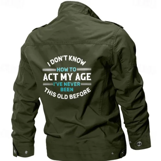 Hot OUKU Men's Cotton Embroidered Military Jacket Cargo Jacket with Shoulder Straps Long Sleeve Standing Collar Multi-Pockets Coat Trucker Jacket Act My Age Print Tactical Outerwear