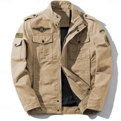 Sale OUKU Men's Cotton Embroidered Military Jacket Cargo Jacket with Shoulder Straps Long Sleeve Standing Collar Multi-Pockets Coat Trucker Jacket US Flag Print Tactical Outerwear