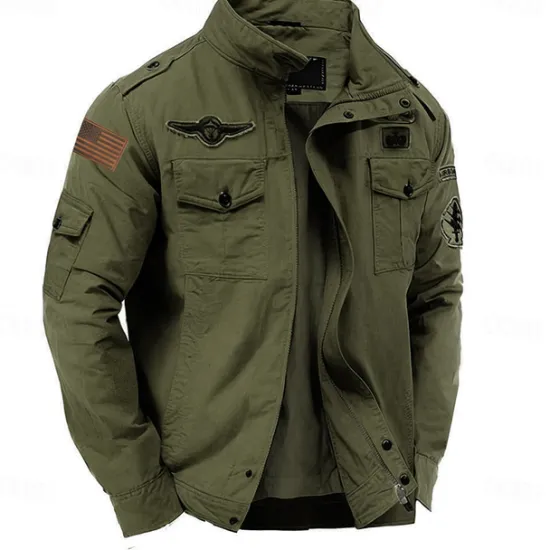 Hot OUKU Men's Cotton Embroidered Military Jacket Windbreaker with Shoulder Straps Long Sleeve Standing Collar Multi-Pockets Trucker Jacket US Flag Print Tactical Outerwear