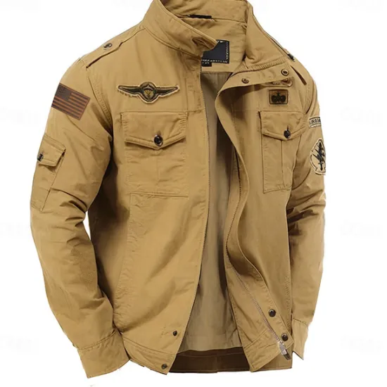 Hot OUKU Men's Cotton Embroidered Military Jacket Windbreaker with Shoulder Straps Long Sleeve Standing Collar Multi-Pockets Trucker Jacket US Flag Print Tactical Outerwear
