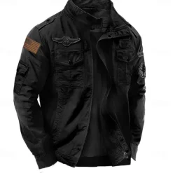 Hot OUKU Men's Cotton Embroidered Military Jacket Windbreaker with Shoulder Straps Long Sleeve Standing Collar Multi-Pockets Trucker Jacket US Flag Print Tactical Outerwear